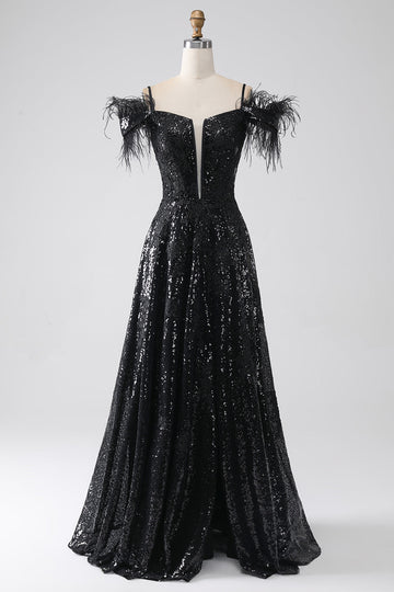 Vestido de fiesta largo de lentejuelas de hombros fríos de una línea con abertura